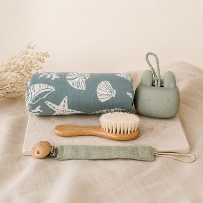 Mouse heirloom suitcase open showing Nico mouse plush and sage baby essentials | Wrap With Love
