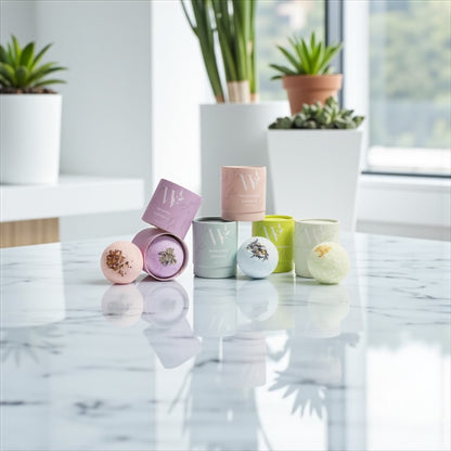 Natural bath bomb gift set with four scented bath bombs and flower petals | Wrap With Love