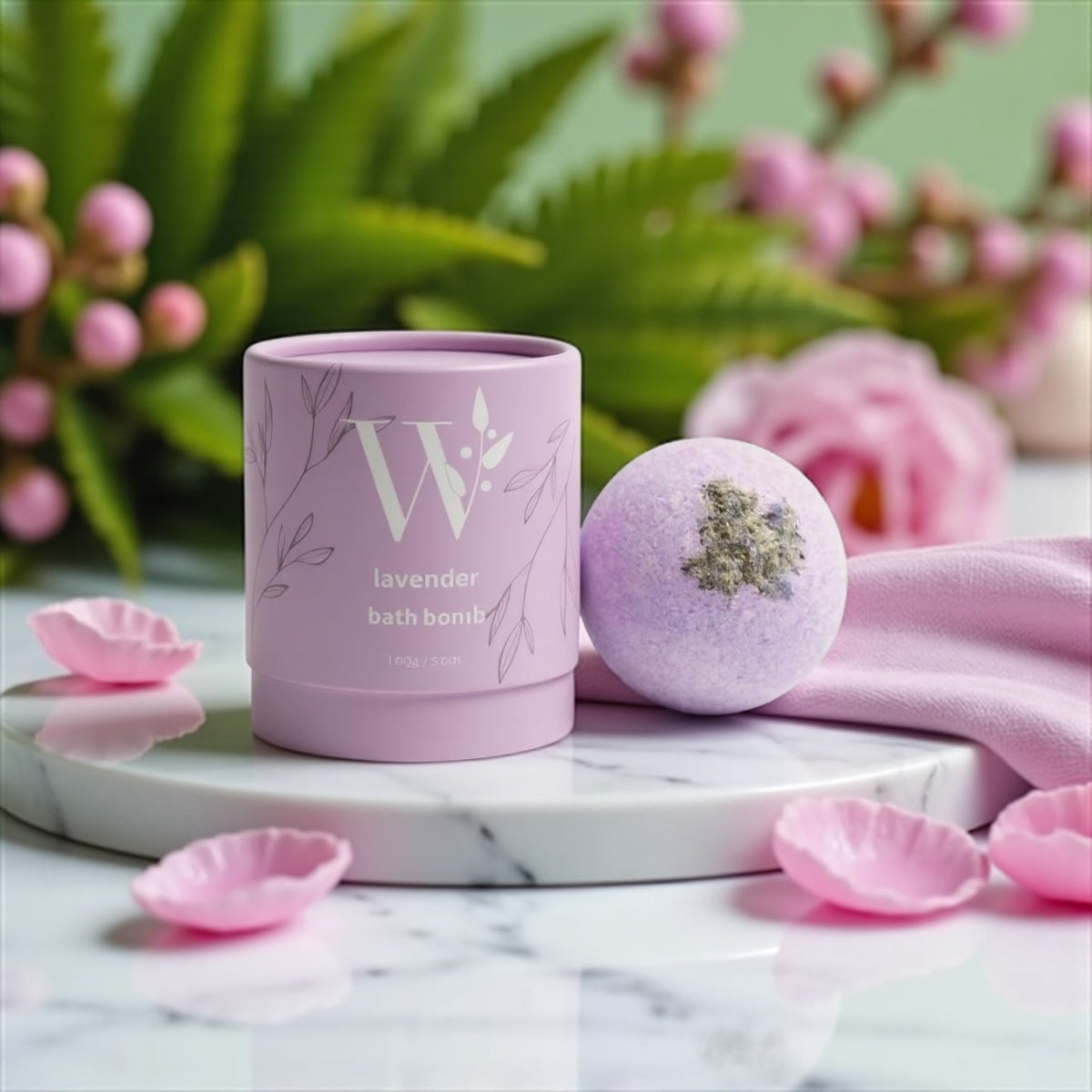 Lavender natural bath bomb garnished with petals | Wrap With Love