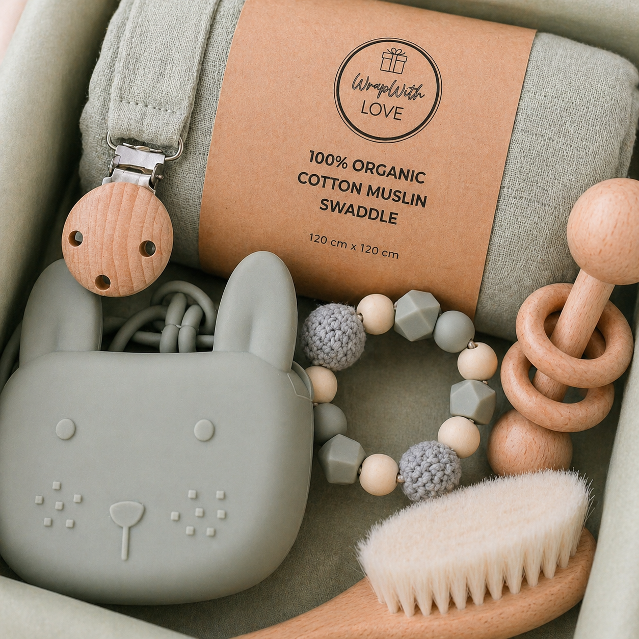 Close-up organic cotton muslin swaddle label wooden baby brush silicone teether premium quality.