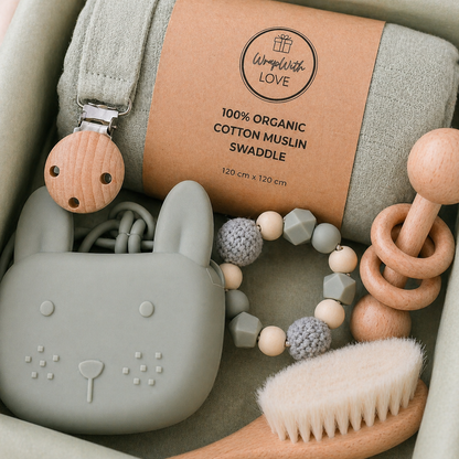 Close-up organic cotton muslin swaddle label wooden baby brush silicone teether premium quality.