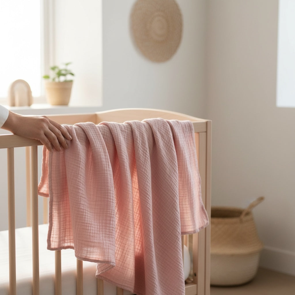Pink organic cotton muslin swaddle draped over a wooden baby cot in a soft, natural nursery setting