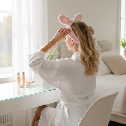 Plush bunny ears skincare headband in light pink, back view | Wrap With Love