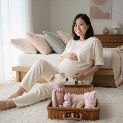 Pregnant woman sitting in a nursery next to a pink baby gift hamper with soft toys, muslin cloth, baby face cloth and wooden brush