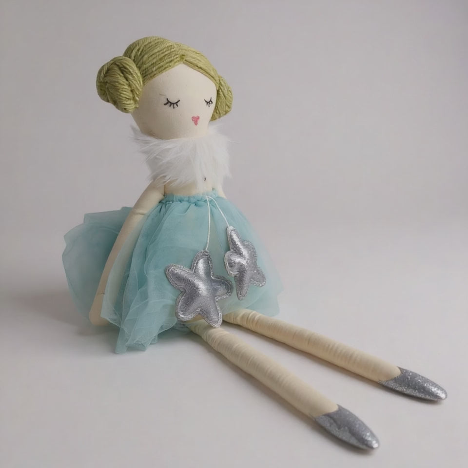 Handcrafted aqua soft doll with tulle skirt and long legs
