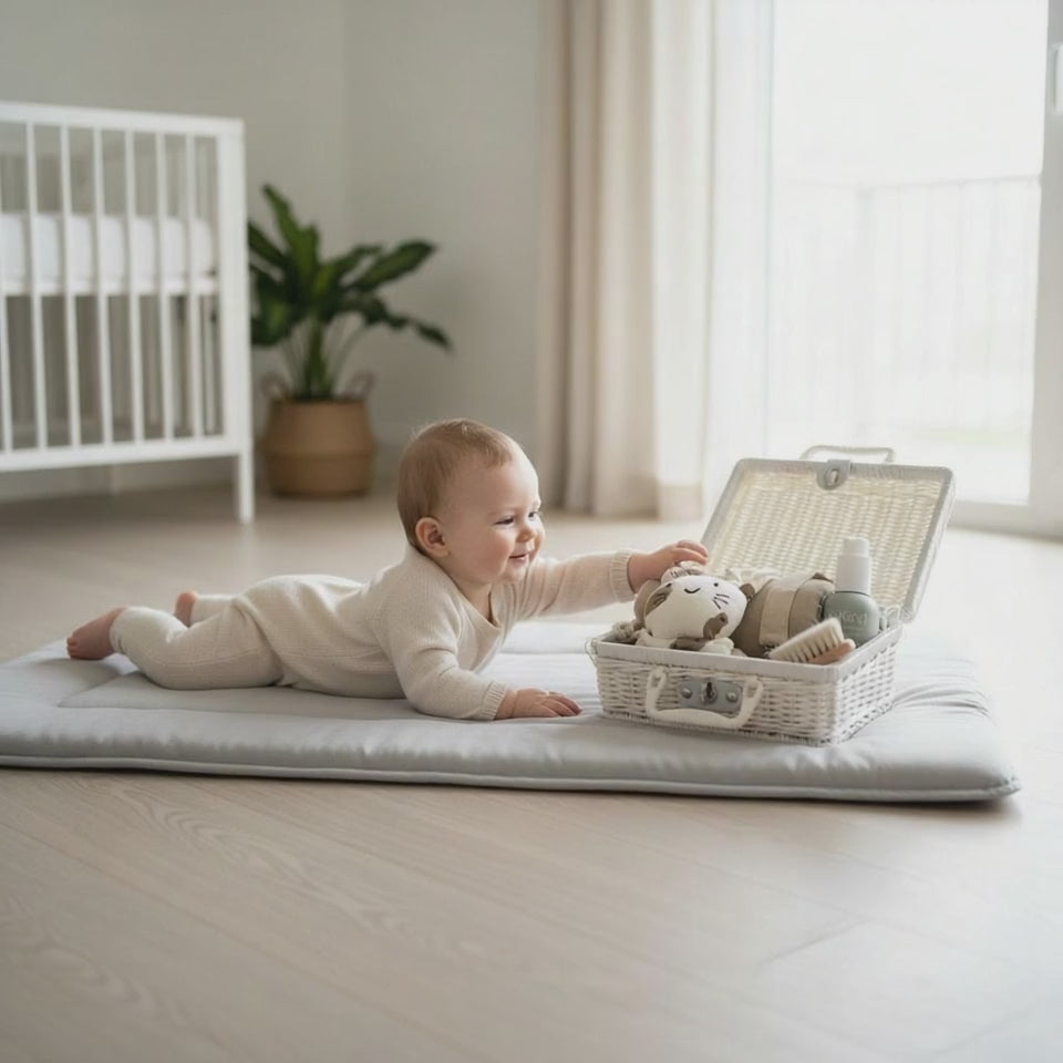 Baby lying on a soft play mat reaching into an open white wicker baby gift suitcase containing a comfort blanket, muslin cloth, baby lotion, wooden brush and pacifier holder in a bright nursery setting