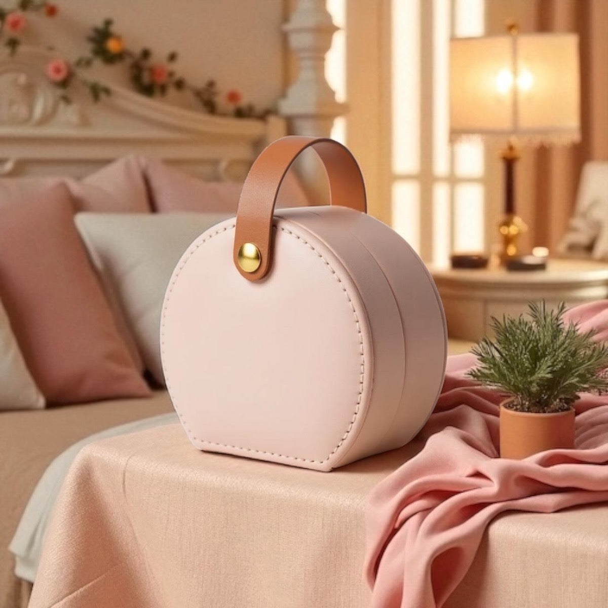 Round jewellery box with handle, structured design for travel and storage