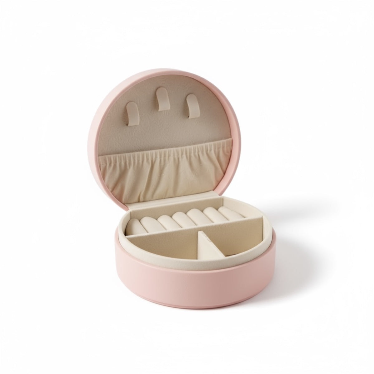 Open round jewellery box with soft lined interior and compartments for rings and small jewellery
