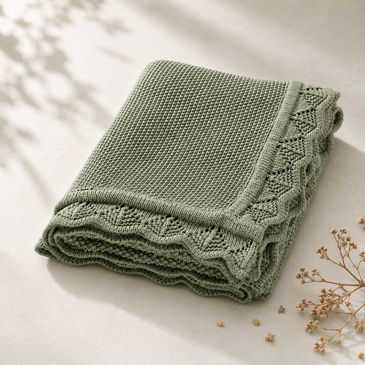 Soft sage green knitted baby blanket folded on a neutral fabric background in a minimalist boutique style