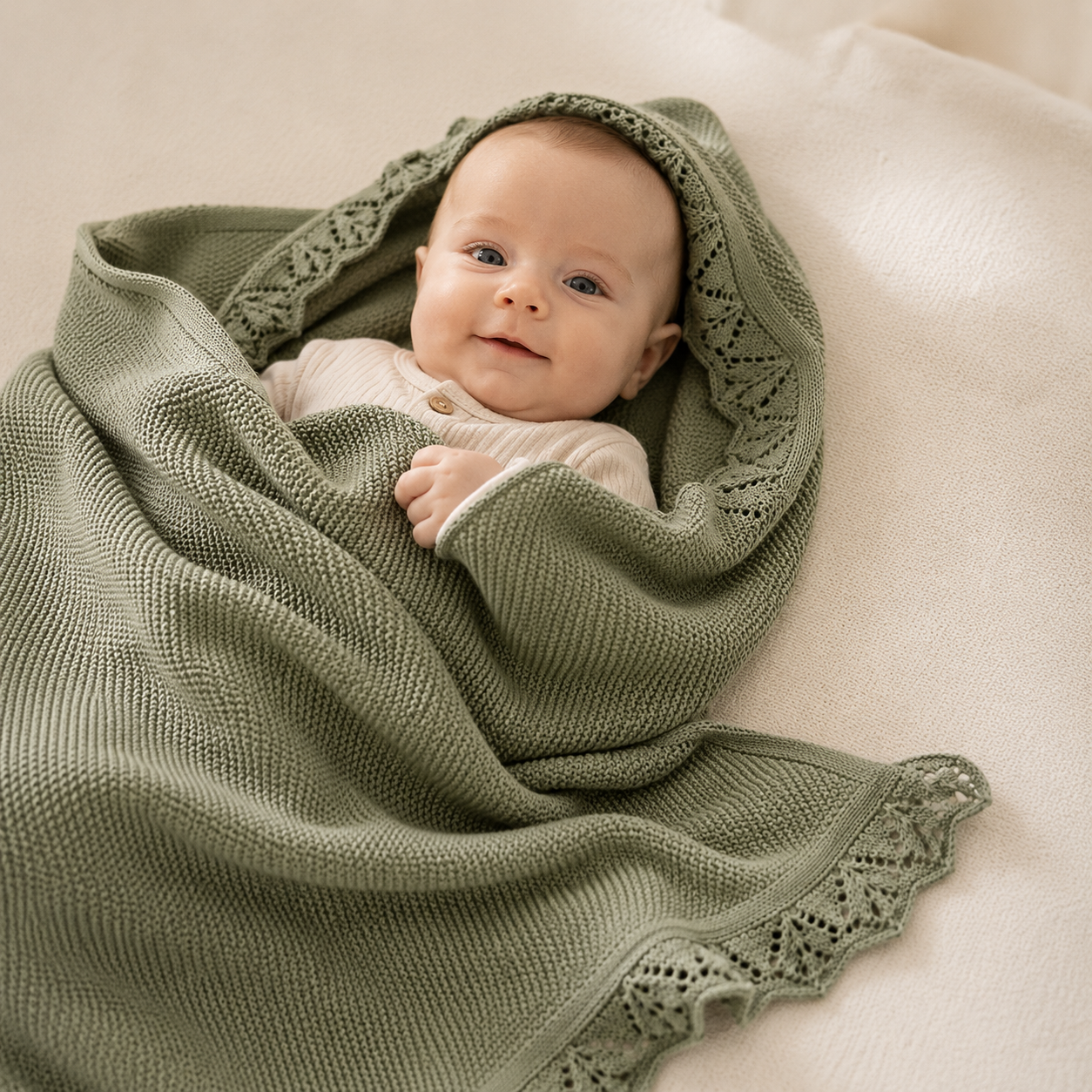 Baby wrapped in a soft sage green knitted blanket with delicate lace trim in a warm neutral nursery setting