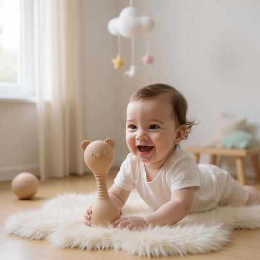 Baby playing with silicone bear rattle, BPA-free sensory toy for infants