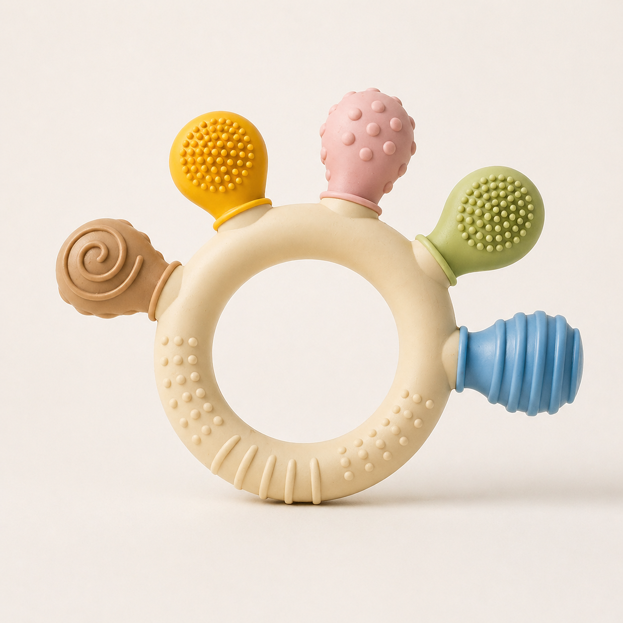 Silicone baby teething with textured end for sensory teething support.