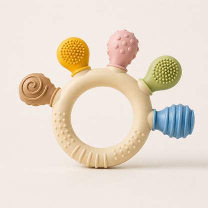 Silicone baby teething with textured end for sensory teething support.