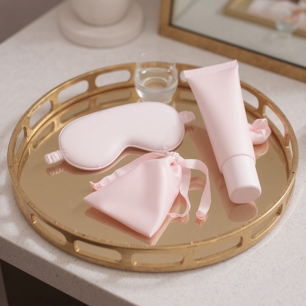 Gold tray with a lush pink self care set, including a sleep mask, small silk pouch, headband and hair scrunchie, displayed on a light surface.
