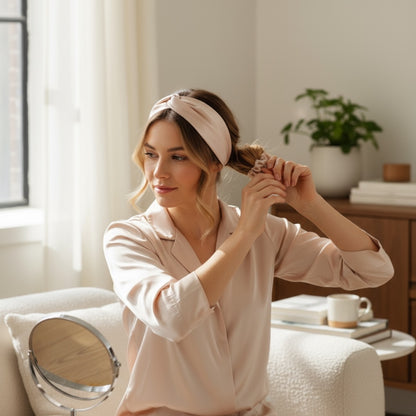Woman styling her hair indoors while wearing a blush pink headband and using a matching hair scrunchie, dressed in soft loungewear in a calm, light filled setting.