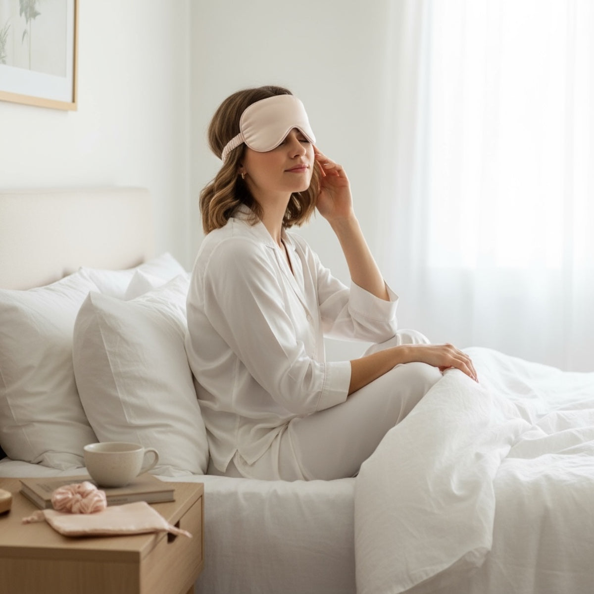 Woman sitting on a bed in a light-filled bedroom wearing a blush pink silk sleep mask and matching headband, with a coordinating scrunchie on the bedside table