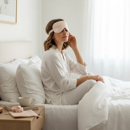 Woman sitting on a bed in a light-filled bedroom wearing a blush pink silk sleep mask and matching headband, with a coordinating scrunchie on the bedside table