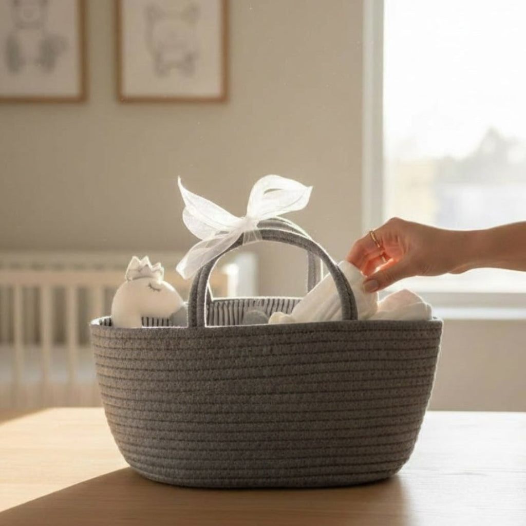 Neutral baby gift basket with swan plush and muslin blanket, ready to gift newborn