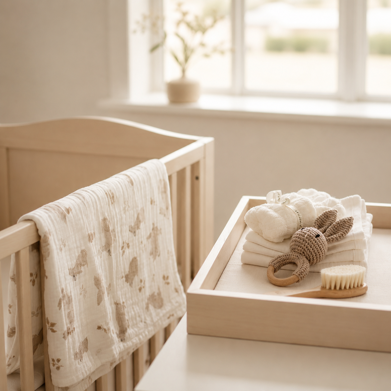 Swan heirloom baby gift set ivory edition detail — crochet rattle and swan plush | Wrap With Love