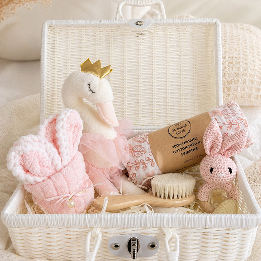 Swan heirloom suitcase baby gift set with swaddle, plush toy and keepsake box