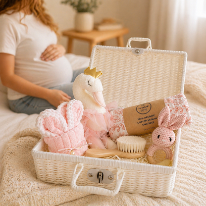 Pregnant women with swan heirloom suitcase baby gift set