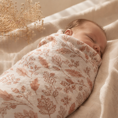 Newborn wrapped in swan heirloom suitcase swaddle blanket