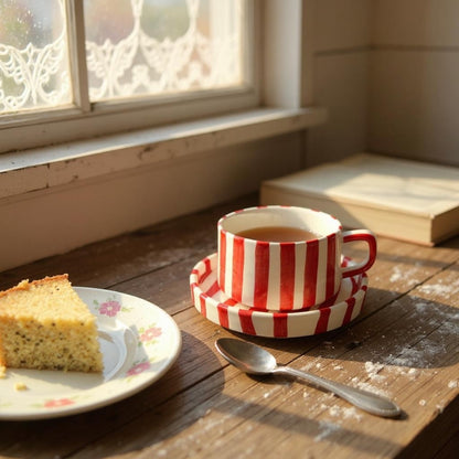 retro ceramic coffee cup with red stripes and matching plate on a cozy breakfast table cozy