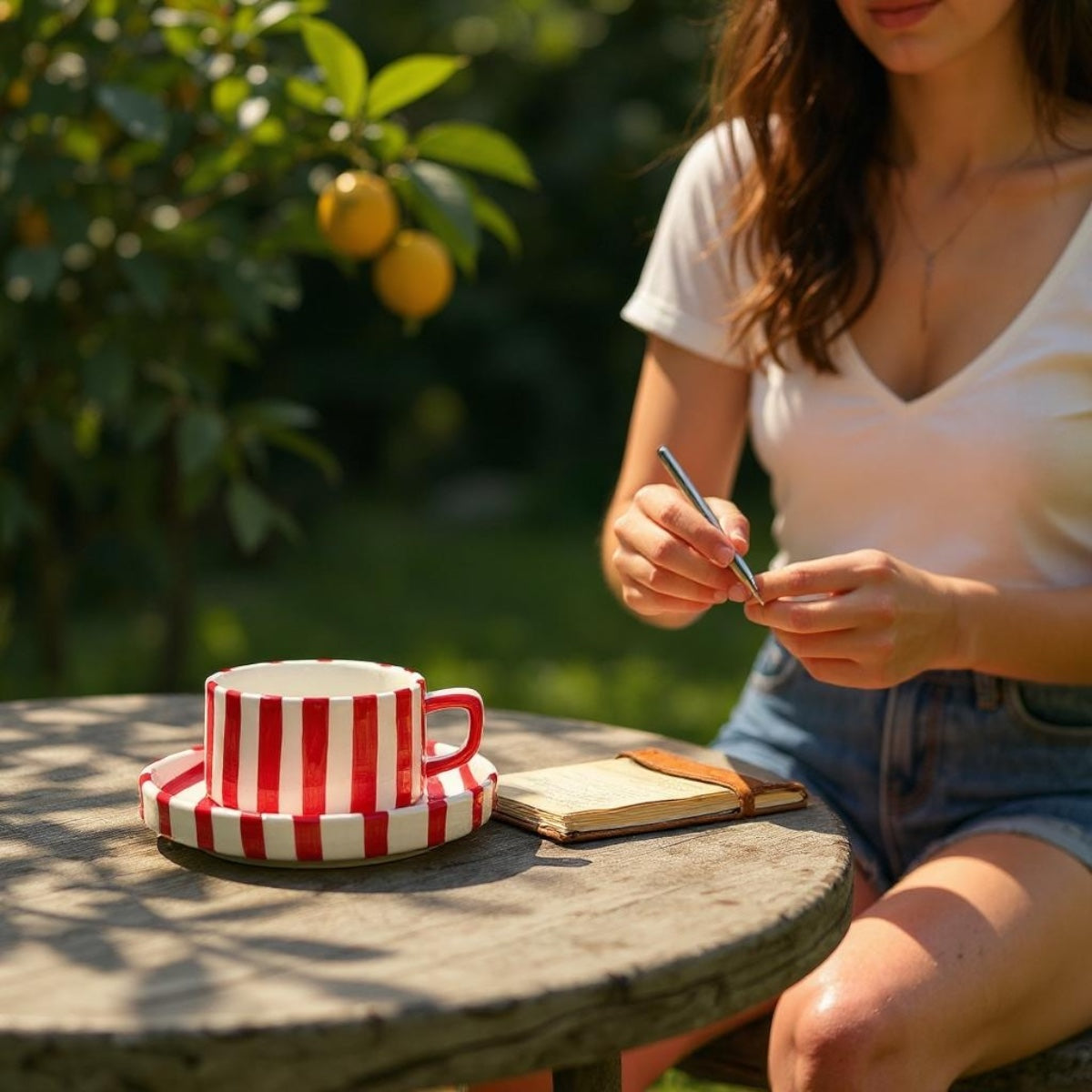 hand holding a vintage striped ceramic mug with saucer, ideal for latte or hot chocolate