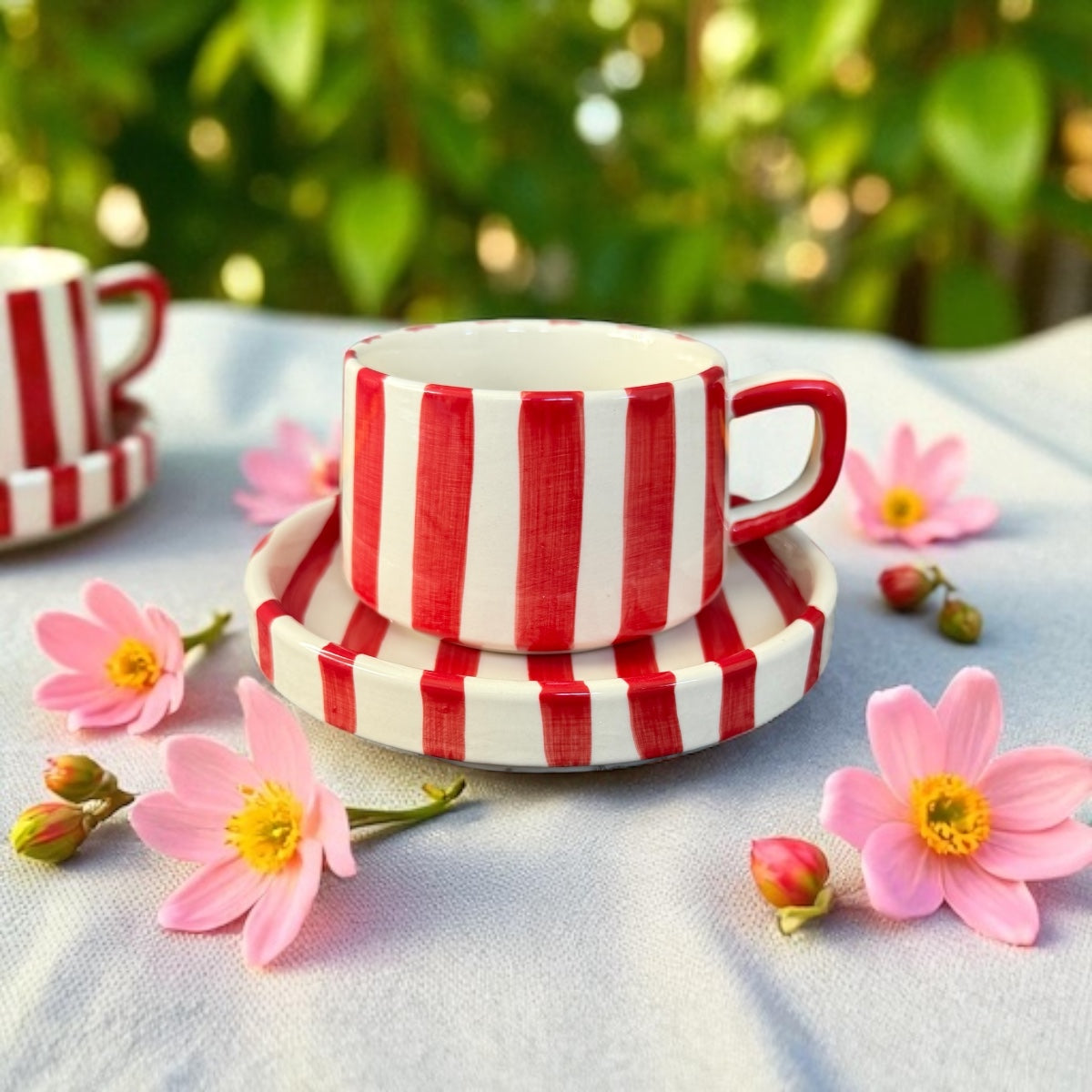 beautiful vintage red striped ceramic mug matching with plate 
