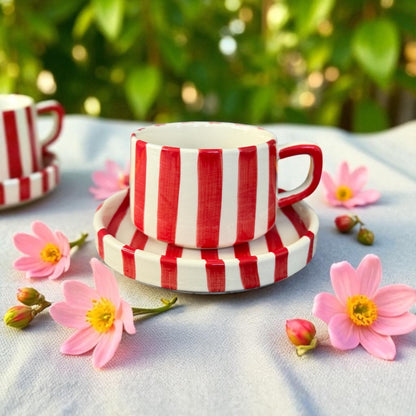 beautiful vintage red striped ceramic mug matching with plate 
