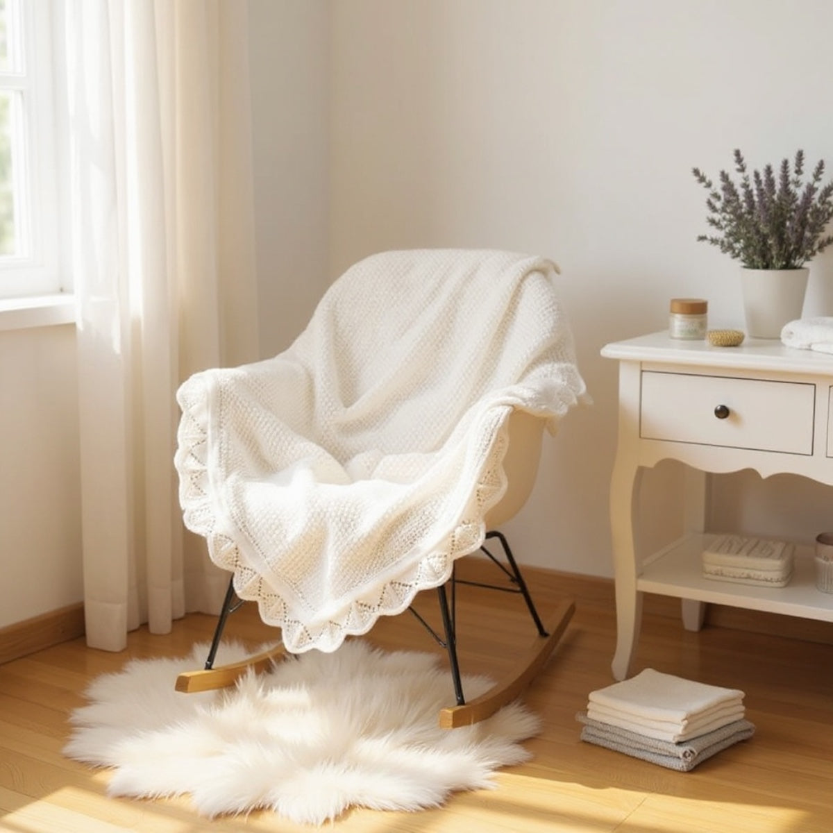 Softt knit baby blanket with delicate openwork details draped over a wooden rocking chair in a  minimalist nursery